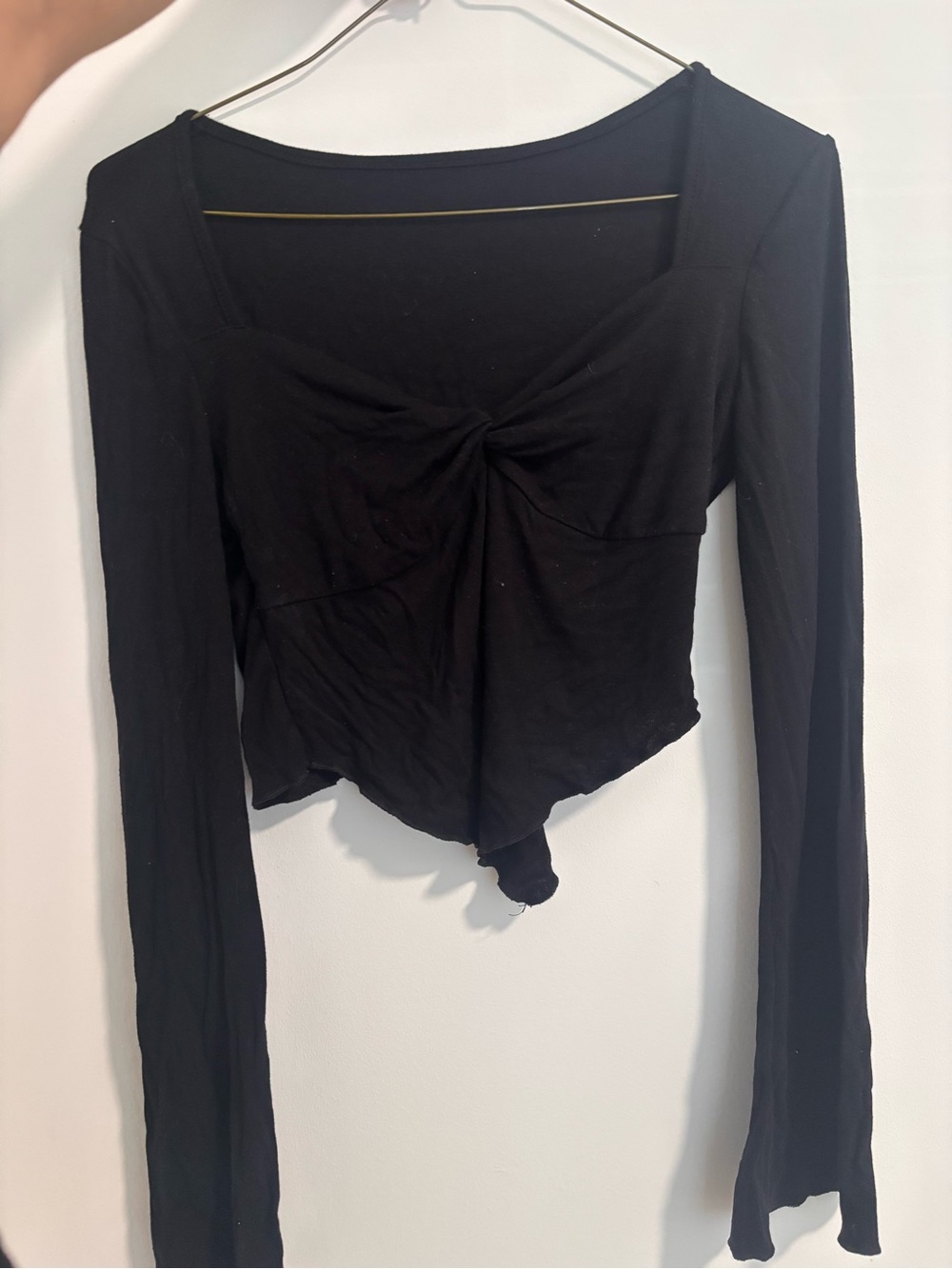 Black Long-Sleeve Twist-Front Crop Top - Women